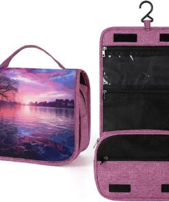 Trousse de toilette violet coucher de soleil sur l'eau pour homme et femme, trousse de maquillage portable à crochet de suspension, trousse de maquillage pour accessoires, shampooing