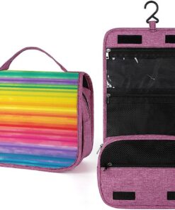 Trousse de toilette à rayures colorées arc-en-ciel pour homme et femme, trousse de maquillage portable à crochet de suspension, trousse de maquillage pour accessoires, shampooing, conteneur