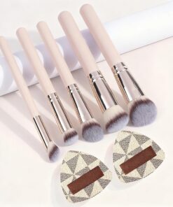 Lot de 8 pinceaux de maquillage avec houppette en matériaux confortables qui n'irritent pas pour fond de teint, blush et fard à paupières (teint)