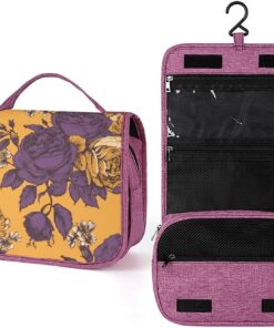 Trousse de toilette avec roses et fleurs violettes pour homme et femme, crochet de suspension portable, trousse de maquillage pour accessoires, shampooing, conteneur pleine grandeur, articles