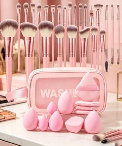 Lot de 44 pinceaux de maquillage rose avec éponges, houppettes et étui de voyage, pinceaux synthétiques multifonctionnels pour fond de teint, fard à paupières
