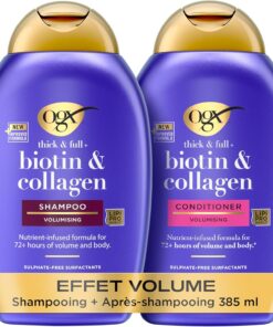 OGX – Shampooing + Après-Shampooing Biotin & Collagen Effet Volume (2 flacons de 385 ml) – Routine de soin cheveux à la biotine et au collagène – Soin capillaire pour 72h de volume