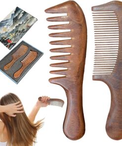 Lot de 2 peignes à dents larges en bois de santal, peignes à cheveux | naturels, peignes à cheveux naturels, peigne à dents fines, brosse à cheveux portable, accessoires de soins capillaires pour