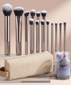 Lot de 20 pinceaux de maquillage avec sac de rangement et éponge de beauté, pinceaux synthétiques doux pour fond de teint, blush, fard à paupières, anti-cernes (champagne)