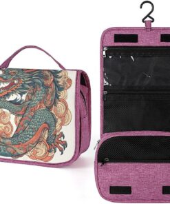 Trousse de toilette dragon rouge et cyan pour homme et femme, sac de maquillage portable à crochet de suspension, trousse de maquillage pour accessoires, shampooing, conteneur pleine grandeur