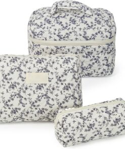 Lot de 3 trousses de maquillage à motif floral - Trousse de toilette de voyage pour femme, noir