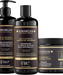 Kerargan - Trio Anti-Chute Shampoing, Après-shampoing & Masque à l’Huile de Ricin pour Cheveux Secs, Cassants ou Dévitalisés - Accélère la Croissance Capillaire - Sans Sulfate, Silicone - 3x500 ml | Shampoing, après-shampoing et masque, routine fortifiante pour nettoyer, démêler et nourrir les cheveux cassants