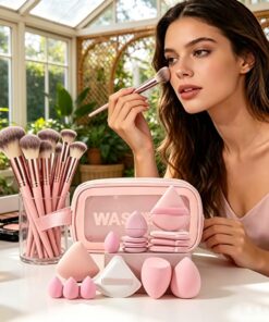 Lot de 44 pinceaux de maquillage professionnels avec sac de rangement | Kit de pinceaux de maquillage pour fond de teint, yeux et visage, pinceaux et outils - Rose