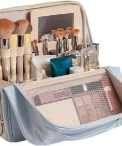 Trousse de maquillage debout avec compartiments, trousse de maquillage voyage capacité, organisateur cosmétiques en Pu bleu clair