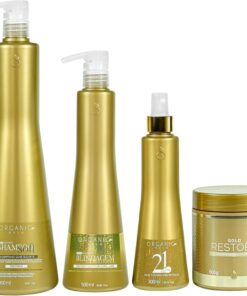 Organic Gold Kit Blindage Keratine Capillaire – Reconstruction Intense – 4 Produits : Shampoing Soft 1000ml, Blindagem 500ml, Masque Restore 500g, Spray Thermo-Protecteur 300ml