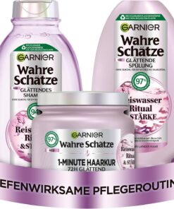 Garnier Wahre Schätze Lot de 3 flacons de soin lissant à l'eau de riz pour cheveux mi-longs Pour plus de brillance et de souplesse Shampooing 250 ml Après-shampoing 200 ml Cure capillaire 1 minute 340