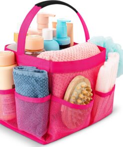 Sac de douche en maille – Transportez et organisez facilement vos accessoires de salle de bain et accessoires de toilette tout en prenant une douche. (9 poches | Rose)