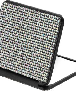 sourcing map Miroir compact en strass, miroir de poche rond double face pliable, outils de maquillage pliables portables pour femmes et filles, sac à main, accessoires de sac à main, blanc AB