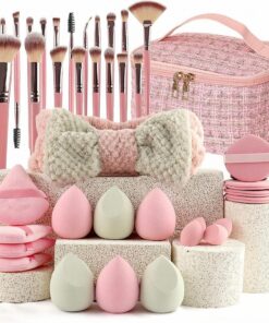 Lot de 40 pinceaux de maquillage professionnels de voyage avec trousse de maquillage de voyage en tweed rose, éponges douces, accessoires de beauté pour débutants, application quotidienne complète du