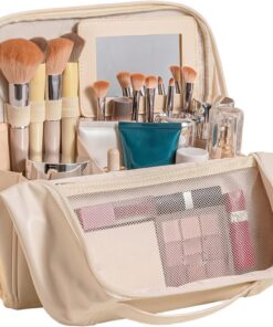 Trousse de Maquillage Debout, Trousse de Maquillage avec Compartiments – Organisateur Voyage spacieux en polyuréthane avec Fermeture éclair latérale complète, Beige..