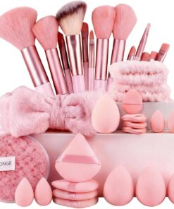 Ensemble de pinceaux de maquillage, 33 éponges roses et bandeau spa, accessoires professionnels pour le visage pour maquilleur indispensable et routine de beauté quotidienne
