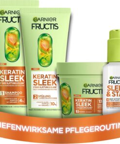 Garnier Fructis Keratin Sleek Kit de soin avec shampooing, après-shampoing, masque et sérum à l'huile d'argan et complexe kératine-leek pour cheveux secs et sujets aux frisottis