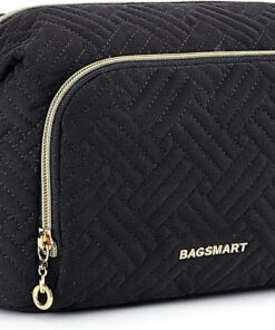 BAGSMART Trousse de maquillage de voyage, trousse de maquillage, grande poche à large ouverture pour femme, sac à main pour articles de toilette, accessoires et pinceaux, noir, Large