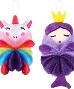 Nuenen 2 Pcs Bath Loofahs Kids Toddler Cute Cartoon Bath Sponges Loofah Pouf Body Scrubber Mesh Sponges for Children Shower Washing Exfoliating(Unicorn, Princess)