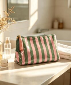 1 trousse de toilette à rayures brillantes avec pendentif à pompon aléatoire, trousse de maquillage de voyage portable pour femmes et filles, vert + rose