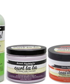 Aunt Jackies Curls & Coils - Lot de 3 soins capillaires - après-shampoing sans rinçage hydratation intense Quench 355 ml/gel définition des boucles Curl La La 426 g/beurre hydratant Seal It Up 213 g