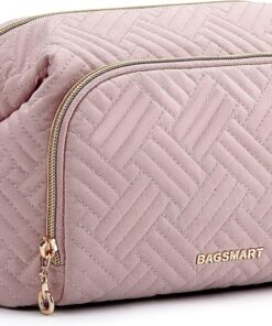 BAGSMART Trousse de maquillage de voyage, trousse de maquillage, grande poche à large ouverture pour femme, sac à main pour articles de toilette, accessoires et pinceaux, Rose, Small