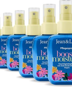 Jean & Len Spray de soin sans rinçage Boost Moisture, pour cheveux secs, effet anti-paille, soin sans rinçage, à l'aloe vera, pour des cheveux brillants, sans parabènes ni silicones, vegan, 6 x 100 ml