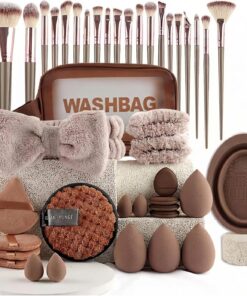 Lot de 42 pinceaux de maquillage et accessoires d'esthéticienne avec pinceaux en fibre synthétique douce, kit visage marron avec éponges mélangeuses en forme de goutte d'eau et bandeau pour femme