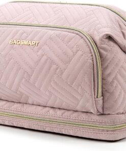 BAGSMART Trousse de maquillage de voyage, trousse de maquillage, grande poche à large ouverture pour femme, sac à main pour articles de toilette, accessoires et pinceaux, 2 couches - Rose, Large