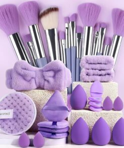 Ensemble complet d'outils de maquillage 33 pièces, 20 pinceaux et 20 éponges de beauté – Comprend un mélangeur, une houppette, des bandes violettes