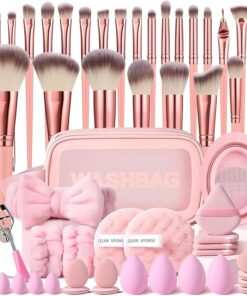 Lot de 37 pinceaux de maquillage professionnels avec sac de rangement, fond de teint, pinceaux de maquillage pour les yeux et le visage (rose)