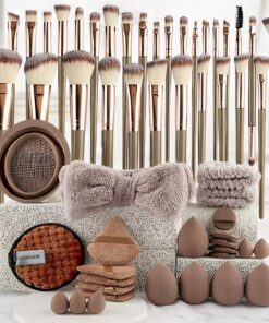 Kit de 55 pinceaux de maquillage marron avec trousse de toilette, bandeau et bracelets, 10 éponges de beauté, houppettes et bol de nettoyage pour pinceaux, ensemble de pinceaux de maquillage et kits