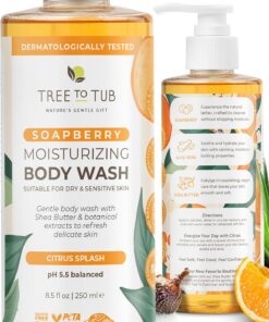 Tree To Tub Gel douche aux agrumes pour peaux sèches et sensibles – Gel douche hydratant au pH équilibré, savon hydratant sans sulfate pour homme et femme avec beurre de karité bio, aloe vera, baie de