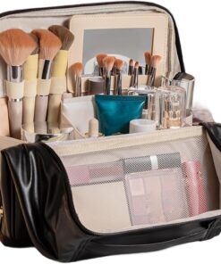 Trousse de Maquillage Debout, Trousse de Maquillage avec Compartiments – Organisateur Voyage en PU capacité avec Fermeture éclair latérale complète (Noir)..
