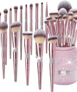 Bueart Lot de 16 pinceaux de maquillage professionnels avec poignées en strass Rose