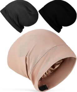 ULTECHNOVO Lot de 3 Bonnets en Satin Ajustables pour Dormir, Protège-cheveux Longs Anti-frisottis, Bonnet Tressé Élastique, Couleur Noire, Gris Foncé et Kaki, Soin Capillaire Nuit Cheveux
