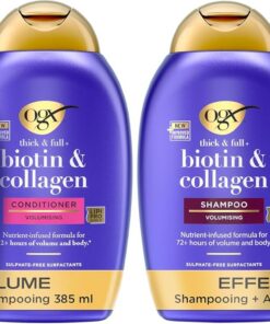 OGX - Shampooing + Après-Shampooing Biotin & Collagen Effet Volume (2 flacons de 385 ml) – Routine de soin cheveux à la biotine et au collagène – Soin capillaire pour 72h de volume (Lot de 2)