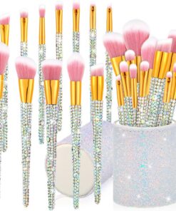 Rtteri Lot de 13 pinceaux de maquillage professionnels avec strass et cristaux jaunes pour fond de teint, poudre, anti-cernes, fard à paupières, outil de beauté pailleté avec support