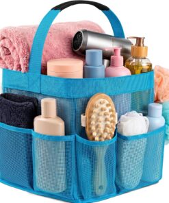 Sac de douche en maille – Transportez et organisez facilement vos accessoires de salle de bain et accessoires de toilette tout en prenant une douche. (9 poches | Bleu)