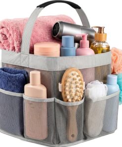 Sac de douche en maille – Transportez et organisez facilement vos accessoires de salle de bain et accessoires de toilette tout en prenant une douche. (9 poches | Gris)